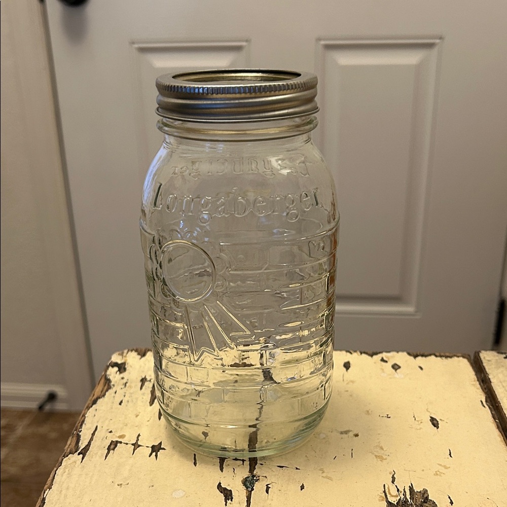 Longaberger Blue Ribbon Collection Clear Glass Mason Jar with Lid